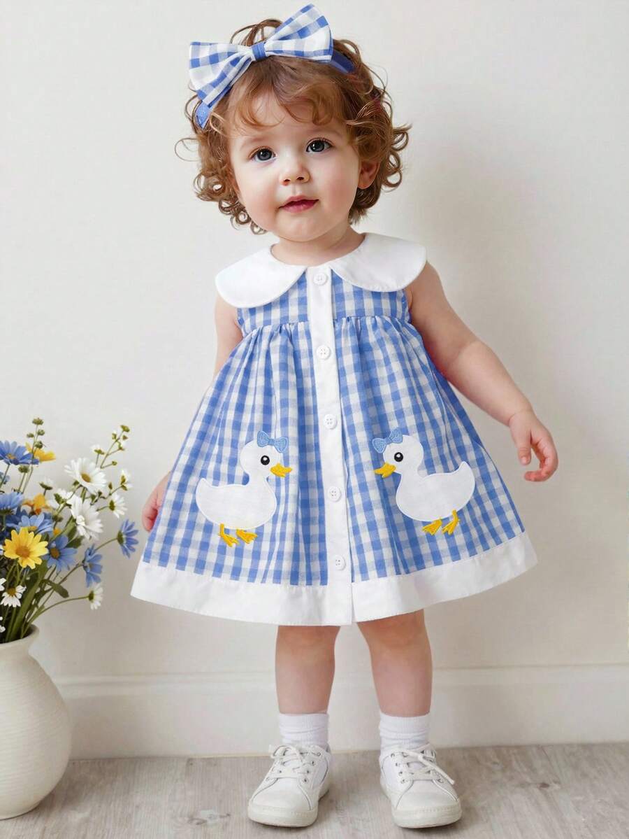 SHEIN Playful Pals 女婴夏季梭织连衣裙，蓝白格子公主裙，可爱小鸭刺绣无袖中长连衣裙，适合休闲、户外、派对等场合 - 藍色 - 查看 1