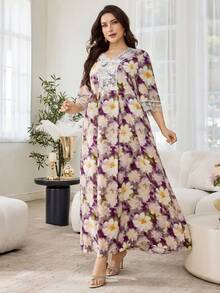 Al Najma Vestido de manga abullonada media longitud con cuello en V y adorno de encaje, elegante y romántico para primavera/verano - Multicolor - Ver 9