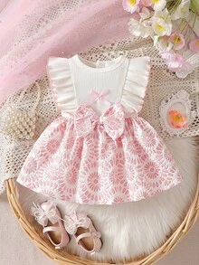 Đầm sơ sinh bé gái màu trắng không tay cổ ren phối nơ hồng, kiểu dáng thanh lịch retro dễ thương, chất liệu vải thoải mái. - Hồng - Xem 4