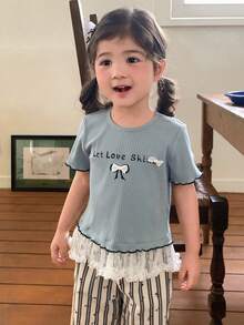 DAZY 女婴/幼儿圆领荷叶边短袖上衣，夏季 - 淺藍色 - 查看 3