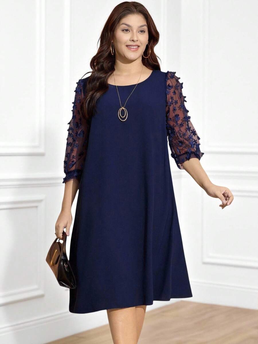 Miaspire Vestido elegante de verano talla grande con decoración de flores en 3D y parches de malla - Azul Marino - Ver 1