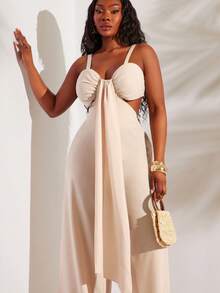 Radiana 大码女式时尚休闲性感度假高腰镂空系带阔腿连体裤，春夏款 - 卡其色 - 查看 2