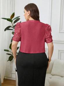 Reflora Chaqueta delgada para mujer talla grande, chaqueta ligera y elegante con mangas cortas de encaje en contraste color caqui - Rosado Sandía - Ver 2