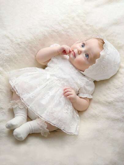 SHEIN Baby Girls White Princess Dress, Short Sleeve Lace Tulle Dress With Bow Tie Headband Set Baby Girl Baptism White Dress Baby Girl Dress With Hat Lace Newborn Outfit Newborn Christening Dress Baptism Dress Baby Baby Girl Lace White Dress Baby Girl Christening Dress White Newborn Party White Dress Baby Christening Outfit White Baby Christening Dress White Baby Girl Christening Outfit