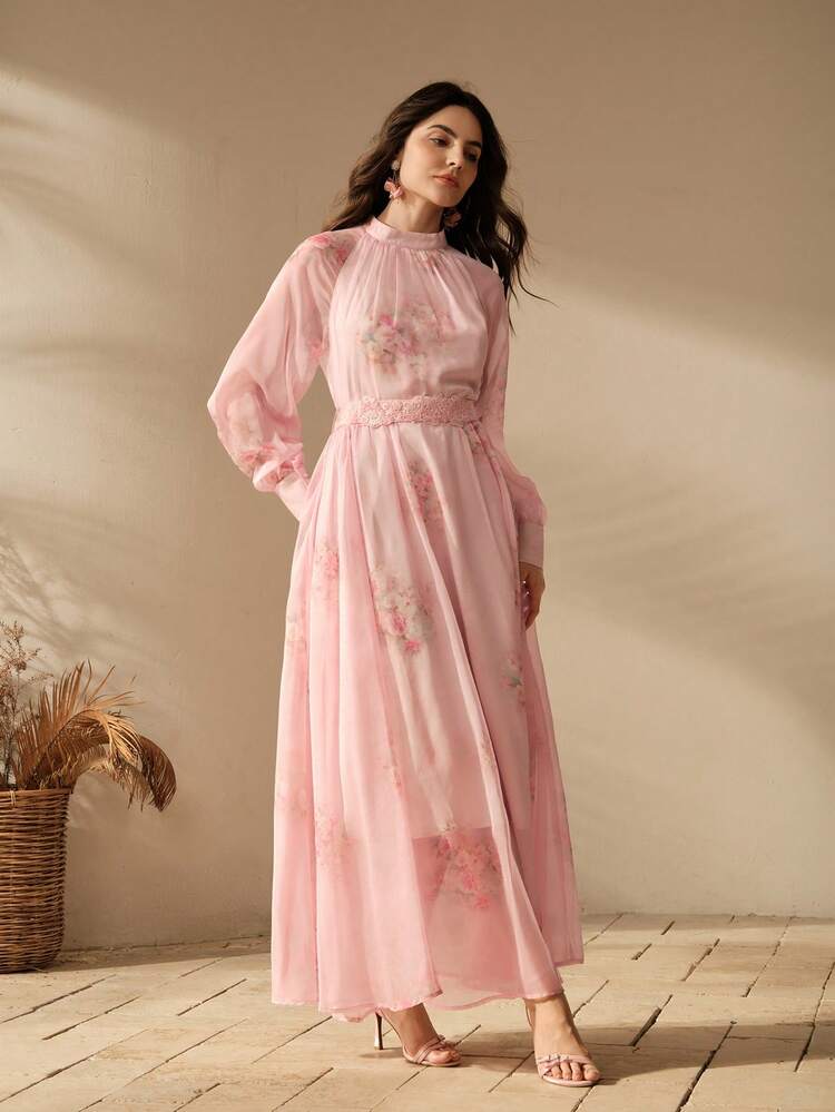 Women's Elegant Floral Digital Print Flowing Maxi Dress, Suitable For French Retro Birthday Party, Vacation, Valentine's Day, Women's Day, Mother's Day Pink Floral Women Dress Elegant Pink Dress Rose Dress