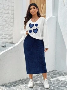 EMERY ROSE 大码女式心形印花卫衣连衣裙两件套，秋冬休闲装 - 彩色 - 查看 3