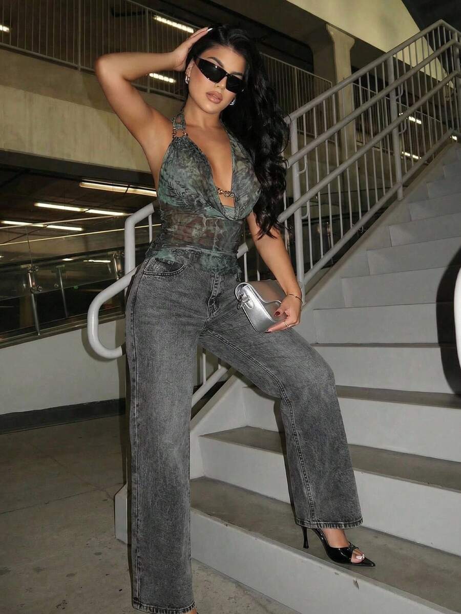 SHEIN SXY Women's Sexy Leopard Print Metal Buckle Halter Top, Summer,Carnival,Party,Rave Outfit ,Summer, Spring,Beach,Going Out,Vacation,Y2K,Leopard Print ,Cheetah Print,Mesh ,Sheer,Camo - Multicolor - View 1