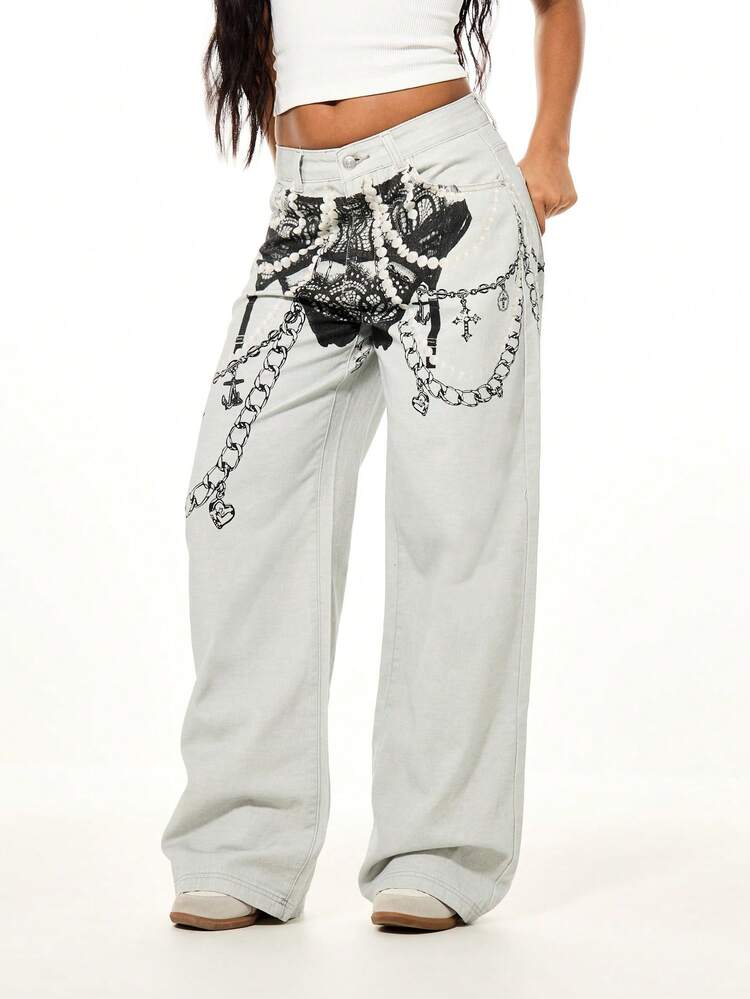 SUMWON WOMEN Wide Leg Jeans With Gothic Chain Print