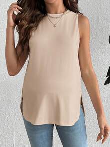 SHEIN Top sin mangas de embarazo de unicolor con bajo curvo, para uso diario y casual en verano - Camel - Ver 5