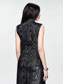 ROMWE Áo tank top dáng ôm cổ tàu phong cách Gothic tối màu, thiết kế da rắn Trung Quốc hiện đại, đính đinh tán kim loại. - màu đen - Xem 3