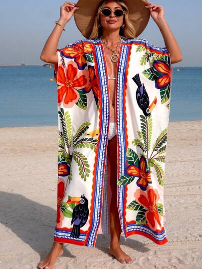 Swim Vcay 女士春夏沙滩连衣裙，印花宽松蝙蝠袖开衩下摆度假和服连衣裙