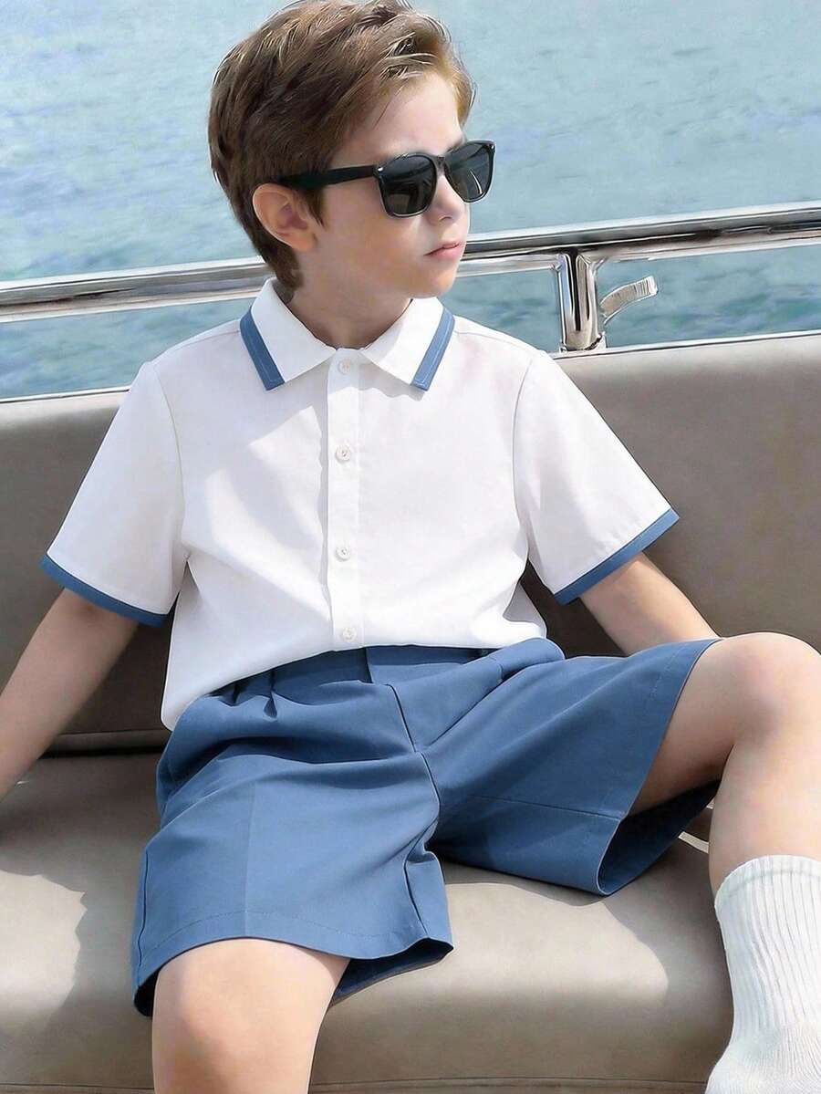 SHEIN Bộ 2 món đồ cho bé trai/thiếu niên: áo sơ mi tay ngắn dáng rộng, cổ áo phối màu tương phản, thoải mái mặc hàng ngày và quần short vải trơn. - Nhiều màu - Xem 1
