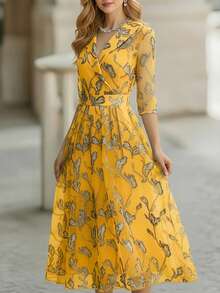 EMERY ROSE Golden Yellow Summer Elegant Holiday Wedding Guest Leaf Pattern Long Formal Dress,Van Gogh Modest Yellow Floral Wrap Tea Dress Brunch Outfits Women - Multicolor - View 5