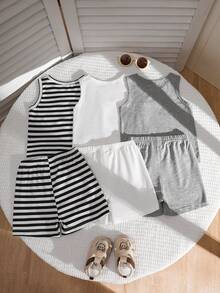 SHEIN Playful Pals 6件套男婴夏季套装，包含黑色、白色和条纹三种颜色：背心和短裤，舒适休闲，百搭，适合日常穿着。 - 黑色 - 查看 2