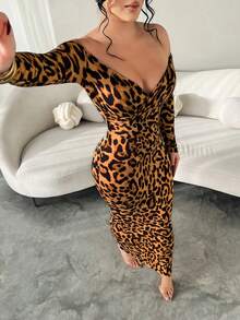 SHEIN SXY 女士优雅露肩豹纹连衣裙 - 棕色 - 查看 3