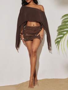 Opulessa 两件套纯色针织修身抹胸上衣和不对称肩部宽松梭织衬衫，适合海滩度假、休闲、夏季假期、优雅场合、外出、派对等。 - 咖啡棕 - 查看 3