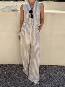 DAZY Women's Elegant Contrast Color Blue And White Stripe Sleeveless Crop Top And Wide Leg Pants,Summer Vacation Holiday 2 Pieces Outfit Lounge Sets - Khaki - View 1