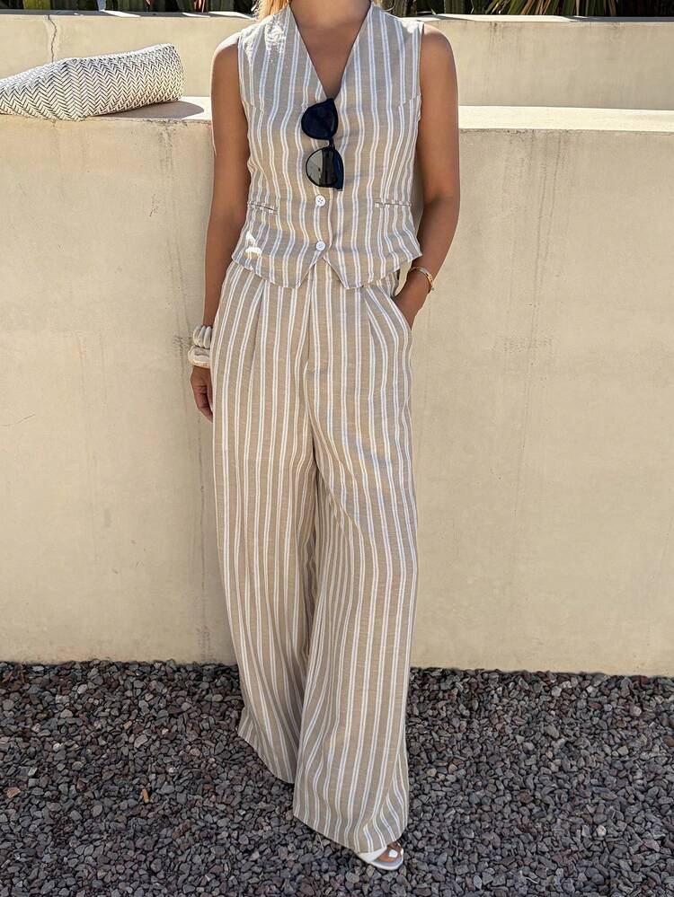 Women's Elegant Contrast Color Striped Sleeveless Crop Top And Wide Leg Pants Two Pieces Vacation Outfit, Spring/Summer