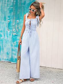 Vivid Eden Damen Geknoteter Rüschen-Saum Lässig Jumpsuit für den Urlaub - Blau - Übersicht 7