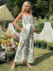 SHEIN Maternity Jumpsuit, Scoop Neck, Oversized, Bamboo Fiber Printed Straight Leg Pants - Green - View 3