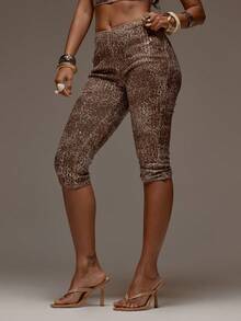 MUSERA 亮片豹纹修身七分裤，春夏度假海滩伊比沙岛音乐节派对优雅女神 - 棕色 - 查看 1