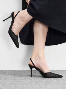 CUCCOO BIZCHIC 女士尖头黑色网眼格纹日常通勤约会鞋，时尚服饰，细高跟绑带高跟凉鞋 - 黑色 - 查看 5