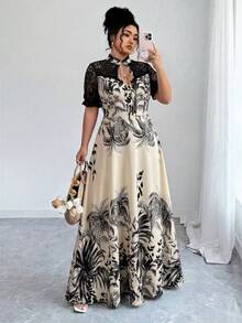 Elenzga Plus Size Women's French Casual Elegant Printed Contrast Lace Short Sleeve Dress Plus Size Long Dress Plus Size Maxi Dress Short Sleeve Maxi Dress Women Maweii Plus Size Dress Hawaiian Print Maxi Dress Plus Size Summer Dress Tropical Print Maxi Dress Lace Insert Maxi Dress - Apricot - View 4