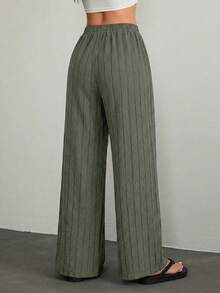 SHEIN PETITE Quần nữ dáng rộng, màu trơn, có dây rút ở eo, kiểu dáng thường ngày. - xanh quân đội - Xem 2