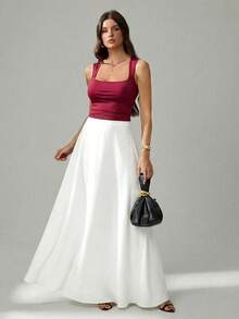 SHEIN Tall 女款純色斜口袋實用優雅簡約通勤辦公 A 字傘裙長款正式白色大碼長裙，適合高個女性 - 白色 - 查看 6