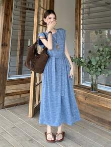 DAZY Women's Round Neck Sleeveless Casual Long Dress With Youthful Elegant Style - Aqua Blue - View 1