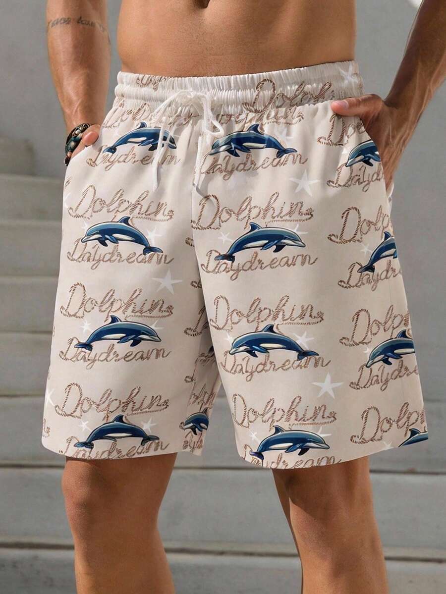 VIVINTIMO Men's Summer Vacation Island Style Dolphin Print Shorts - White - View 1