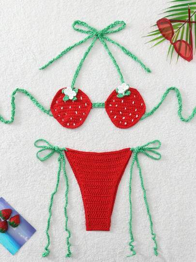 Swim Mod 26SS 女士春夏沙滩套装，女士罩衫，两件套，性感可爱草莓钩针比基尼套装，适合春夏沙滩度假，蝴蝶结肩带，手工编织，红、白、绿三色，甜美可爱，优雅女士，适合沙滩、度假、日常穿着