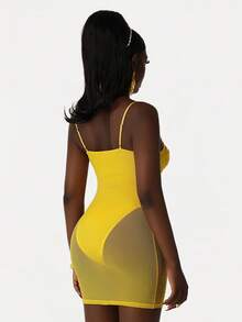 Amplova Women's See-Through Cup Detail Mini Dress, & Avant-Garde Sparkling Rhinestone Sparkly Yellow,Summer,70s,Night Out,Party Island Resort Dress - Yellow - View 3