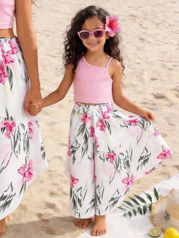 2pcs/Set Girls Cute Solid Color Ripped Off-Shoulder Tank Top & Wide Leg Belted Shorts Set