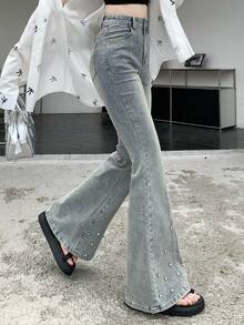 DAZY Quần jeans ống loe dáng nhỏ dành cho nữ, đính đá lấp lánh, kiểu Hàn Quốc. - Màu xanh lam - Xem 4