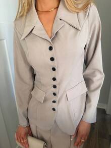 Sydney Algeri 女士杏色厚面料V领西装外套设计黑色撞色纽扣假口袋教师制服优雅职业装，感恩节万圣节氛围，秋季新款时尚必备高端端庄长袖收腰宽松直筒裤两件套 - 卡其色 - 查看 5