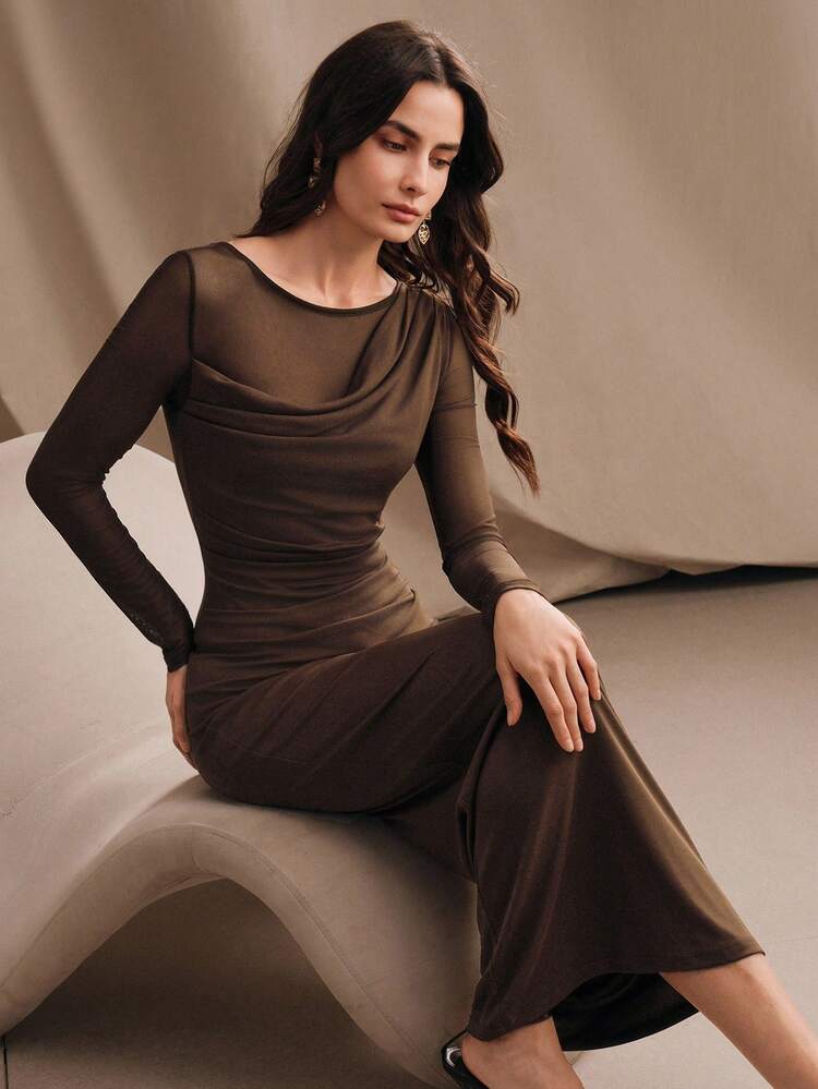Vintage Brown Jacquard Mesh Long Sleeve Ruched Fitted Bodycon Dress For Women