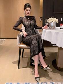 DAZY 春夏镂空黑色蕾丝上衣，修身剪裁，适合情人节、婚礼、派对、正式场合，时尚鸡尾酒会礼服，紧身鱼尾裙两件套女装 - 黑色 - 查看 10