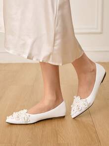 CUCCOO HITCHD 女士25春夏新款3D珍珠尖头浪漫优雅鞋，白色新娘婚鞋 - 白色 - 查看 5
