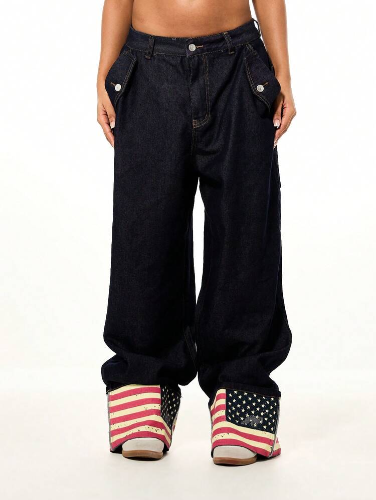SUMWON WOMEN Dark Denim Barrel Jeans With Flag Hem