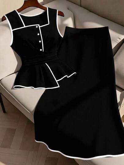 GlowEve CURVE 大码女式优雅时尚套装，方领，撞色拼接，无袖，喇叭下摆，褶皱设计，上衣和A字裙两件套