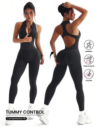 Seamluxe SHEIN Sport H1205 Black Matte Seamless Sports Jumpsuit