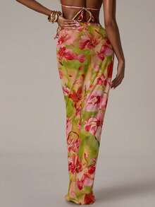 SHEIN BAE Women's Summer Vacation Tropical Floral Print Tie Front Skirt Cover Ups For Swimwear Beach - Multicolor - View 2