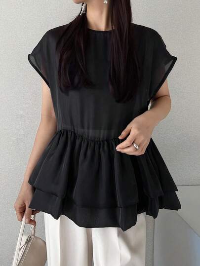 FRIFUL Áo kiểu nữ màu trơn tay ngắn xếp ly bèo nhún thắt nơ phía trước hở lưng dáng rộng, thích hợp cho mùa hè.