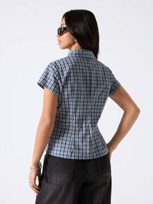 LYSMO 女士休闲格子印花短袖衬衫 - 藍色 - 查看 2