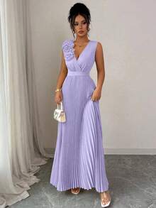 Elenzga Summer Lavender V-Neck Waist Cinched Dress With 3D Floral Applique, Elegant A-Line Pleated Dress - Purple - View 6