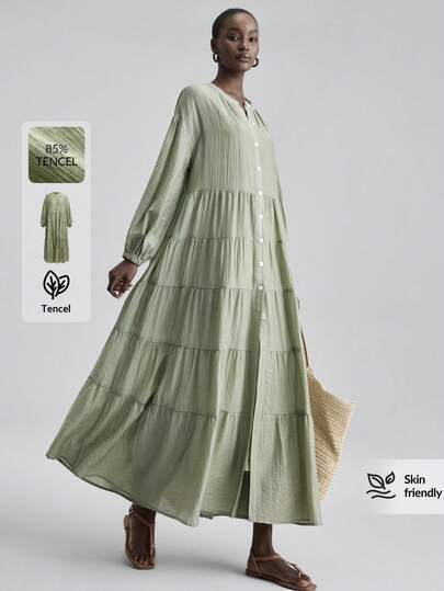 Ontre 2026SS Women's Extra Long Dress, Women's Comfortable And Skin-Friendly Tencel Fabric, Loose Fit, Dropped Shoulder, Petal Sleeve, Tiered Skirt, Modern Elegant Wedding Guest Outfit, Minimalist Romantic French Luxury Feel, Urban Chic Business Casual Office Wear, Low-Key Vintage High-End Style, High-Quality Airport & Cruise Outfit, Middle East Essential, Premium Material, All-Season Versatile, Wedding Series Women's Long Dress