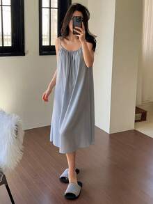 DAZY 女士休闲褶皱吊带中长连衣裙，夏季家居服 - 藍色 - 查看 5