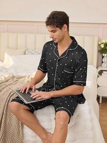 CoupledUp 简约纹理心形图案针织家居服套装，适合户外穿着 - 黑色 - 查看 2