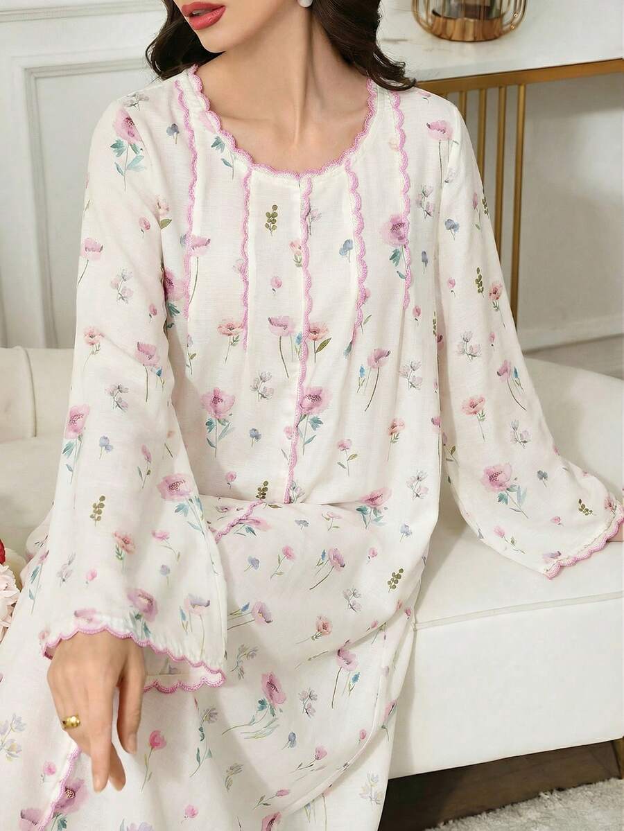 Yasmyna 女士印花圆领休闲长袖阿拉伯风格连衣裙 - 粉色 - 查看 1